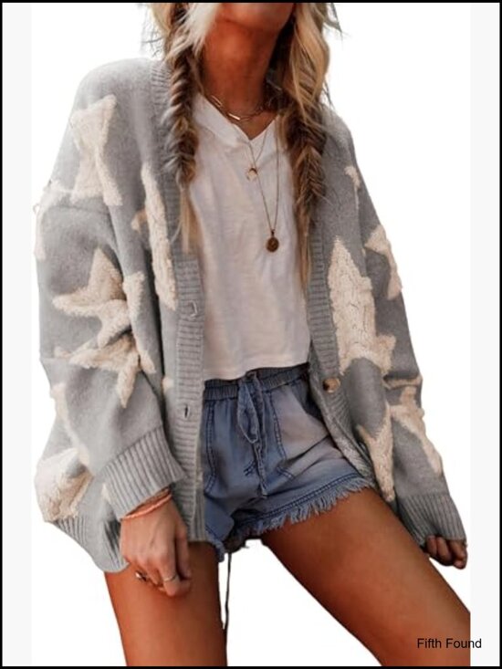 Sweaters - Women Sherpa Star Pattern Cardigan with Pockets Casual Knit Coat